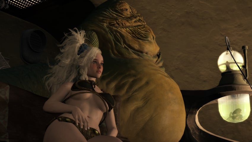 1girl 1girls 3d 3d_(artwork) blonde blonde_female blonde_hair crossover defeated defeated_heroine eastern_and_western_character forced_exposure forced_presentation gemma_(monster_hunter_wilds) humiliated humiliation jabba's_palace jabba_the_hutt long_hair lying_down monster_hunter monster_hunter_wilds on_display ponytail sfm skimpy_bikini skimpy_clothes skimpy_outfit slave slave_bikini slave_collar slave_girl slave_leia_(cosplay) slave_outfit slavegirl socartos source_filmmaker star_wars