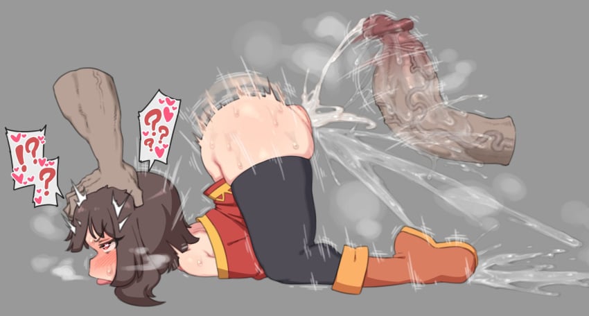 1boy 1girls after_sex ass ass_up basukechi_(basuke/bskchi5) blush brown_hair cum defeated face_down_ass_up female fucked_silly heart-shaped_pupils kono_subarashii_sekai_ni_shukufuku_wo! male megumin squirting thighhighs tongue_out top-down_bottom-up