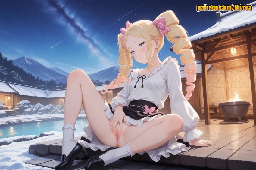 1girl ai_generated arm_support beatrice_(re:zero) black_footwear black_ribbon black_skirt blonde_hair blue_eyes blush bow breasts clitoral_hood closed_mouth clothes_lift dress drill_hair frilled_skirt frilled_sleeves frills gradient_hair hair_ribbon knee_up legs long_hair long_sleeves looking_at_viewer mosaic_censoring mountain mountainous_horizon multicolored_hair night night_sky nivora no_panties onsen outdoors patreon pink_bow pink_hair pink_ribbon puffy_sleeves pussy re:zero_kara_hajimeru_isekai_seikatsu ribbon shirt shoes sidelocks sitting skirt sky small_breasts snow socks solo spread_legs spread_pussy star_(sky) starry_sky symbol-shaped_pupils twin_drills twintails uncensored water white_shirt white_socks winter