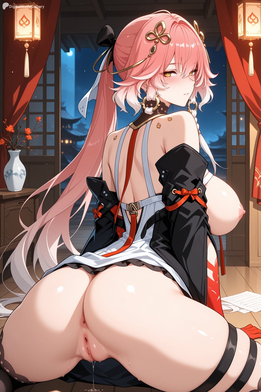 1girl ai_generated anus ass bare_shoulders blush breasts changli_(wuthering_waves) detached_sleeves digitalwaifugallery dress from_behind hair_ornament hi_res high_quality high_resolution large_breasts long_hair looking_at_viewer looking_back moon night nipples patreon pink_hair ponytail pussy pussy_juice seductive sexy solo thighhighs thighs uncensored watermark white_dress wuthering_waves yellow_eyes