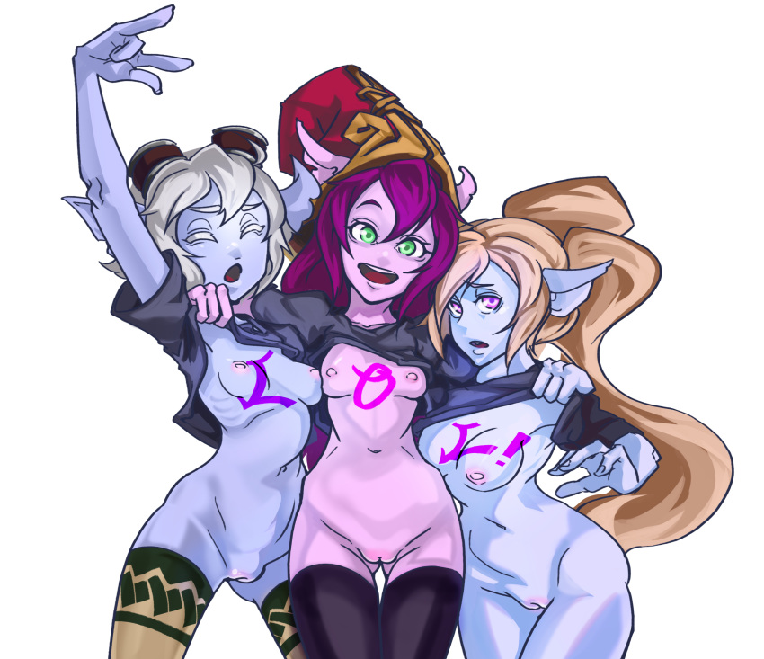 3girls \m/ animal_ears black_legwear blonde_hair blue_skin body_writing bottomless breasts closed_eyes female gen_uma_mai goggles goggles_on_head green_eyes hat head_tilt headgear highres league_of_legends long_hair lulu_the_fae_sorceress multiple_girls nipples open_mouth poppy purple_eyes purple_hair purple_skin pussy riot_games shirt_pull short_hair simple_background small_breasts smile thighhighs tied_hair tristana twintails white_hair yanjhia yordle