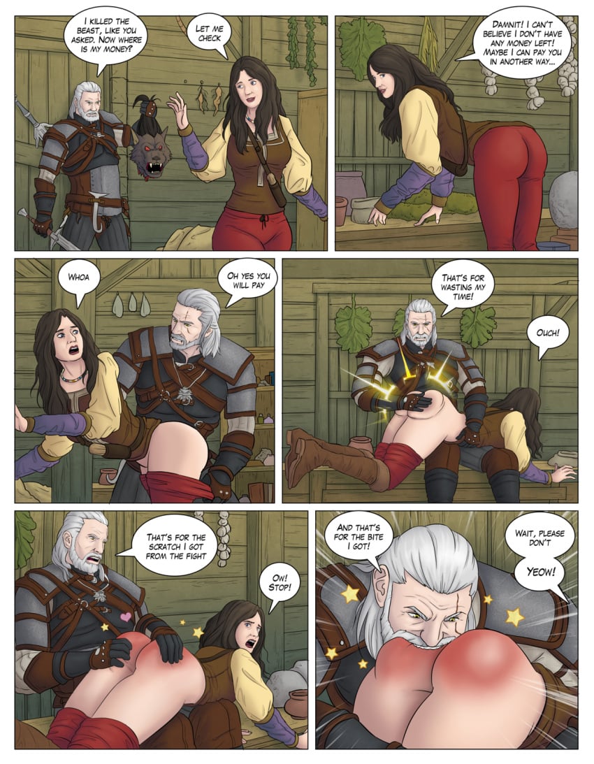 1boy 1girls 2d altcor ass biting_ass black_hair bubble_butt cd_projekt_red comic dialogue english_text geralt_of_rivia light-skinned_male light_skin male pants_down punishment spank_marks spanking sword text the_witcher_(series) the_witcher_3:_wild_hunt tomira undressing white_hair yellow_eyes