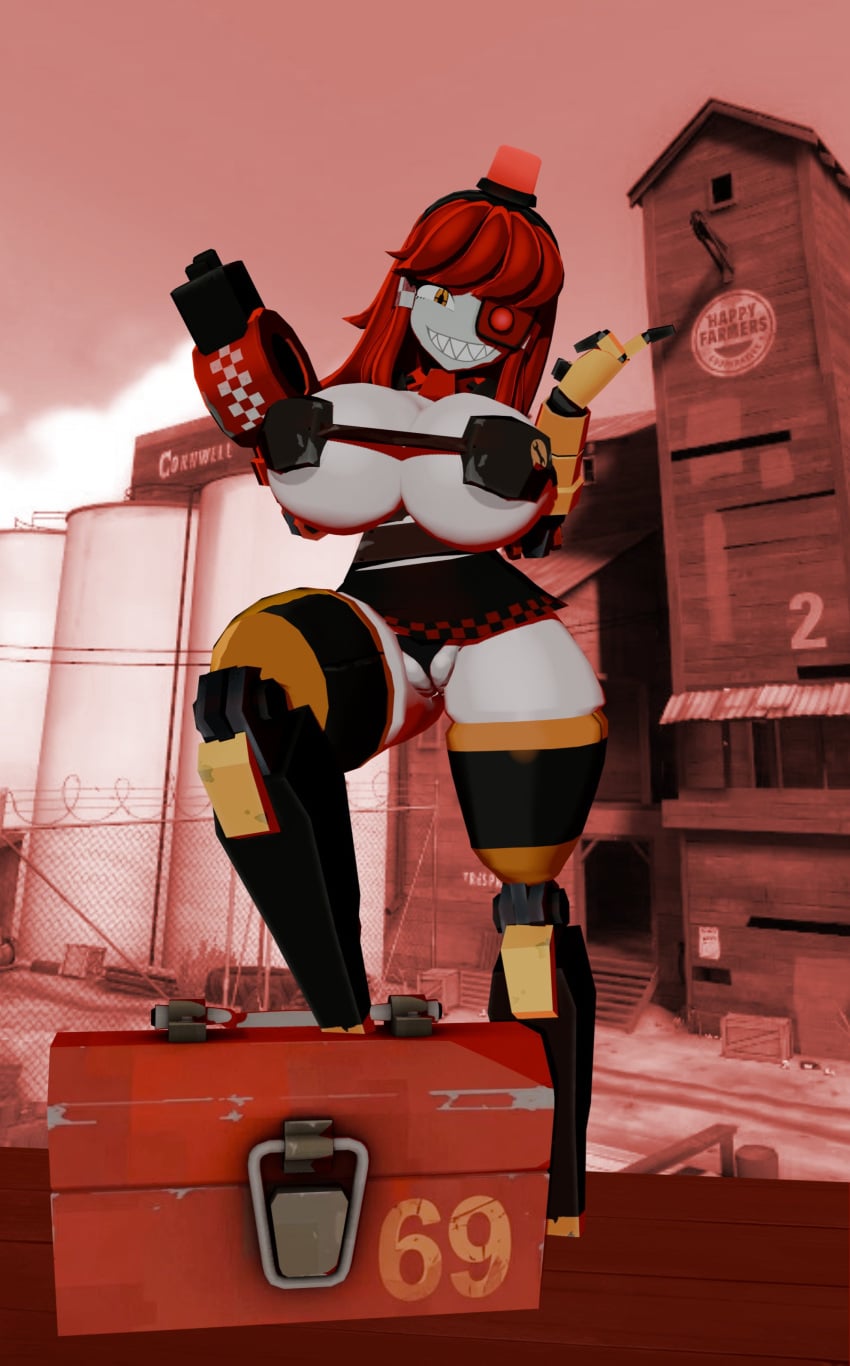 1girls 3d areola_slip cameltoe cheeseboi female female_only huge_breasts mimi_sentry robot robot_girl team_fortress_2 thick_thighs
