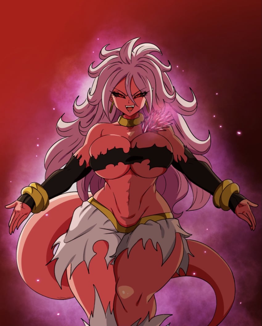 1girls 2026 2d android_21 android_21_(evil) aura big_breasts black_sclera bracelet breasts cleavage cleavage_overflow corrupted corruption damaged_clothes darwaarts dragon_ball dragon_ball_fighterz dragon_ball_xenoverse dragon_ball_xenoverse_2 hi_res hourglass_figure hourglass_figured_female long_hair long_hair_female looking_at_viewer majin_android_21 pink-skinned_female pink_skin pink_tail pinup red_eyes red_eyes_female shredded_clothes solo tail thick_thighs torn_clothes torn_clothing two-tone_skin villainess white_hair white_hair_female