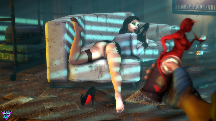 1boy 1girls 2017 3d 3d_(artwork) ass bioshock bioshock_infinite blue_eyes booker_dewitt burial_at_sea clothing elizabeth_comstock feet female khornflakesfm lipstick looking_at_viewer looking_back naughty_face presenting_feet pussy rapture_(bioshock) red_lipstick red_toenails sheer_legwear shoes_removed skirt soles solo_focus vigor