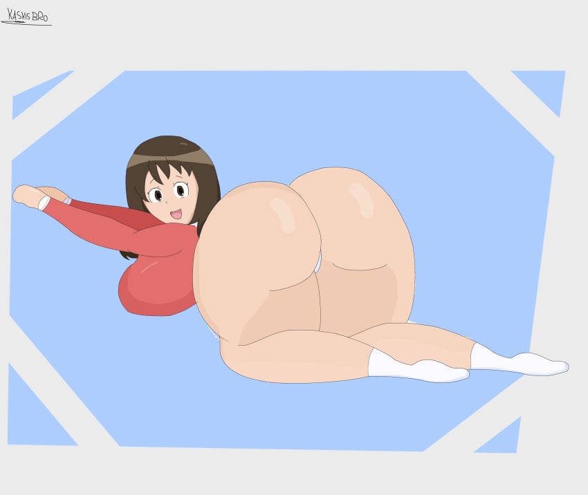 ass ass_focus azumanga_daiou big_ass big_breasts huge_ass kashisbro looking_back osaka_ayumu_kasuga simple_background smiling smiling_at_viewer socks tagme