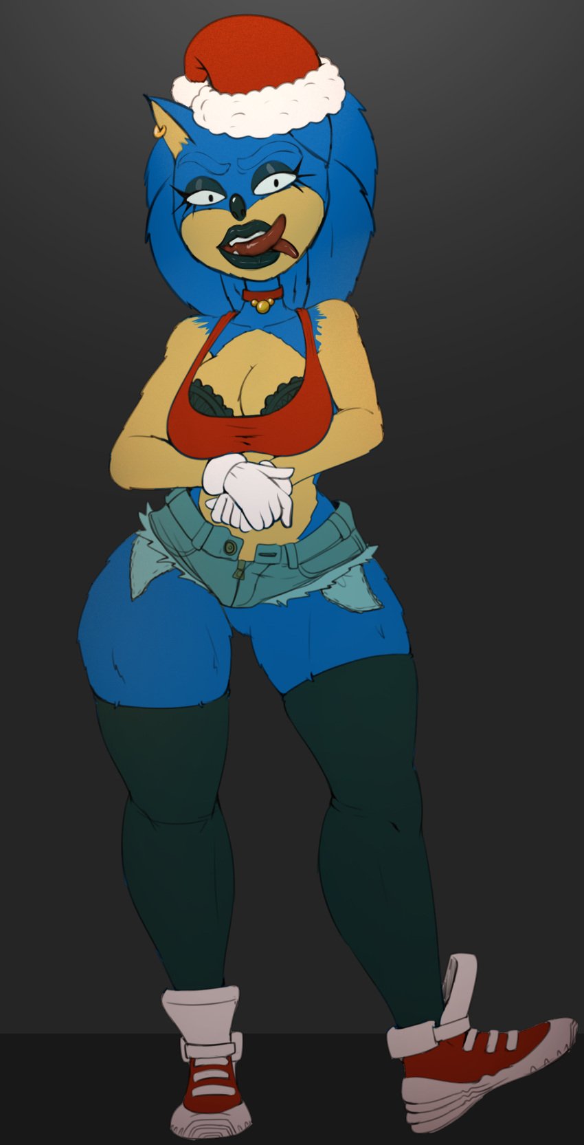 anthro black_lipstick blue_fur bra breasts child_bearing_hips choker cleavage color curvy diklonius ear_piercing eyelashes female furry hi_res huge_breasts lipstick looking_at_viewer piercing rule_63 sega shorts sketch sneakers sonic_(series) sonic_the_hedgehog sonic_the_hedgehog_(series) sonique_the_hedgehog stockings thick_thighs tongue ugly_sonic voluptuous wide_hips