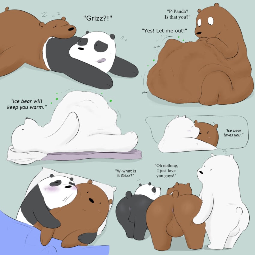 all_fours anthro anus ass balls bear bed blush brown_bear brown_body cartoon_network cuddling da~blueguy dialogue digestion furniture genitals giant_panda grizzly_(we_bare_bears) grizzly_bear group hi_res ice_bear_(we_bare_bears) implied_transformation lying male mammal panda_(we_bare_bears) polar_bear pseudo_incest_(lore) rear_view short_tail sleeping standing struggling struggling_prey tail text trio ursine vore we_bare_bears white_body