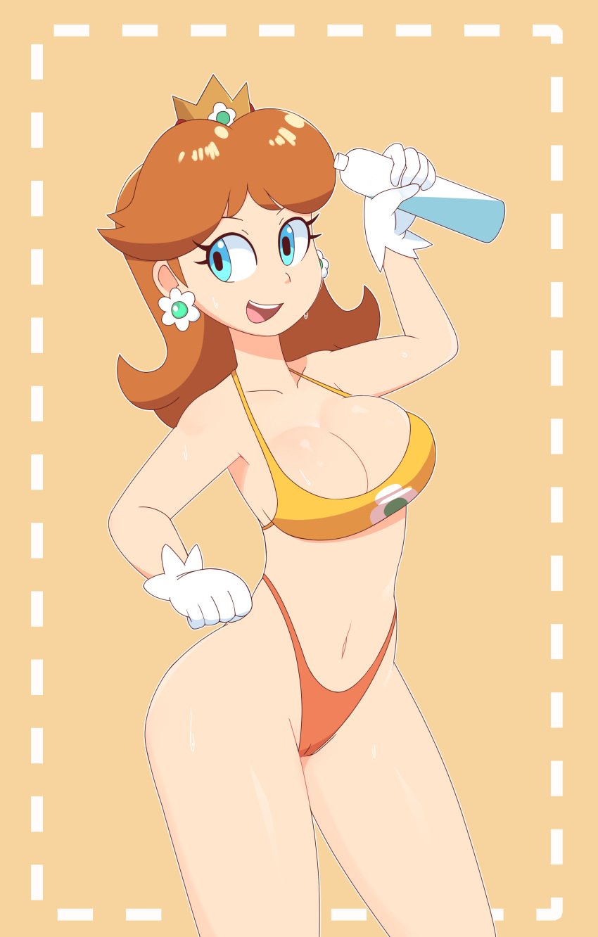 1girls bikini bottle bra breasts cleavage clothing crown earrings eyelashes female female_only flower_earrings human light-skinned_female light_skin mario_(series) nintendo open_mouth orange_hair orange_pants panties pose princess princess_daisy royalty solo solo_female water_bottle