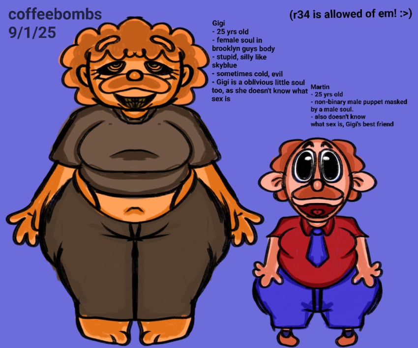 1boy 1transmasc big_breasts blue_background bulge_through_clothing chubby_female chubby_male coffeebombs_(artist) coffees_sml_mix credit_me_please_waaa free_to_use gigi_(coffeebombs) goddess_gigi_(coffeebombs) hi_res martin_(coffeebombs) ocs reference_sheet short_stack standing_position supermariologan taller_partner thick_thighs watermark