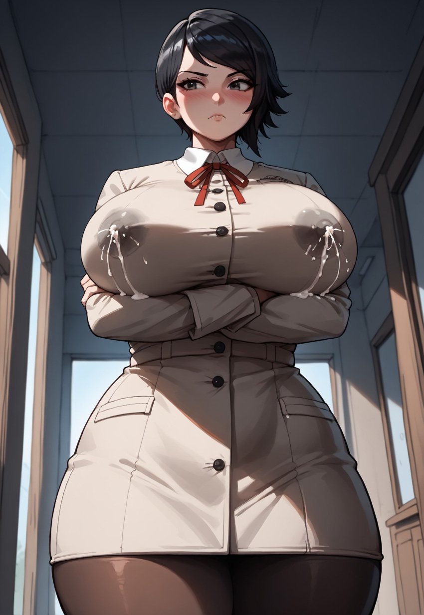 1boy ai_assisted ai_generated anime anime_style atlus big_ass big_breasts big_butt big_thighs black_hair blush blushing_female breasts_bigger_than_head brown_eyes busty civitai clothed clothed_female clothed_female_clothed_male crossed_arms curvy curvy_body curvy_female curvy_figure face female front_view giantess gts height_difference hentai hourglass_figure hourglass_figured_anthro huge_breasts indoors leggings macro_female macrophilia mini_giantess school_uniform schoolgirl schoolgirl_uniform shin_megami_tensei_v shin_megami_tensei_v:_vengeance short_hair size_difference straight tall_female taller_female taller_girl video_games white_skin wide_hips yoko_hiromine