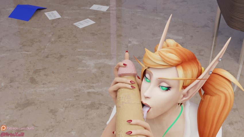 3d 3d_(artwork) 3dcg big_penis blizzard_entertainment blood_elf elf female grabbing_penis holding_penis licking licking_penis looking_at_viewer male male/female penis penis_out pov saliva secretary shocked_expression surprised_expression tongue warcraft world_of_warcraft