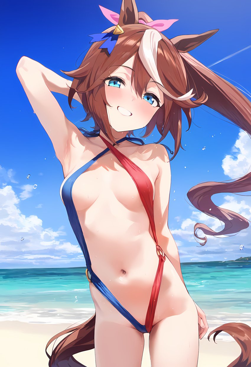 ai_generated animal_ears brown_hair female horse_girl pony_tail ribbon sling_bikini smiling tokai_teio_(umamusume) two_tone_hair umamusume umamusume_pretty_derby