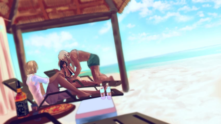 1girls 2boys alcohol beach bigger_male bikini black_bikini black_hair blonde_hair blonde_hair_male blue_sky blue_water cleavage costa_del_sol enemies enemies_to_lovers final_fantasy final_fantasy_vii long_hair ocean rufus_shinra seaside sephiroth shirtless skimpy sky swimsuit tan_body tan_skin tanned tanned_skin tifa_lockhart villain voaleine white_hair