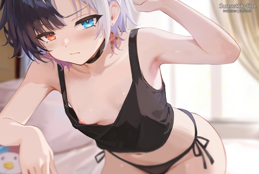 asexual black_and_white_hair black_panties black_topwear blush choker depth_of_field down_blouse earring glaring_at_viewer glistening in_bed leaning_on_elbow one_arm_up one_nipple_out plushie red_and_blue_eyes rin_penrose small_breasts string_panties sunset_skyline sunsetskyline tank_top virtual_youtuber window_light