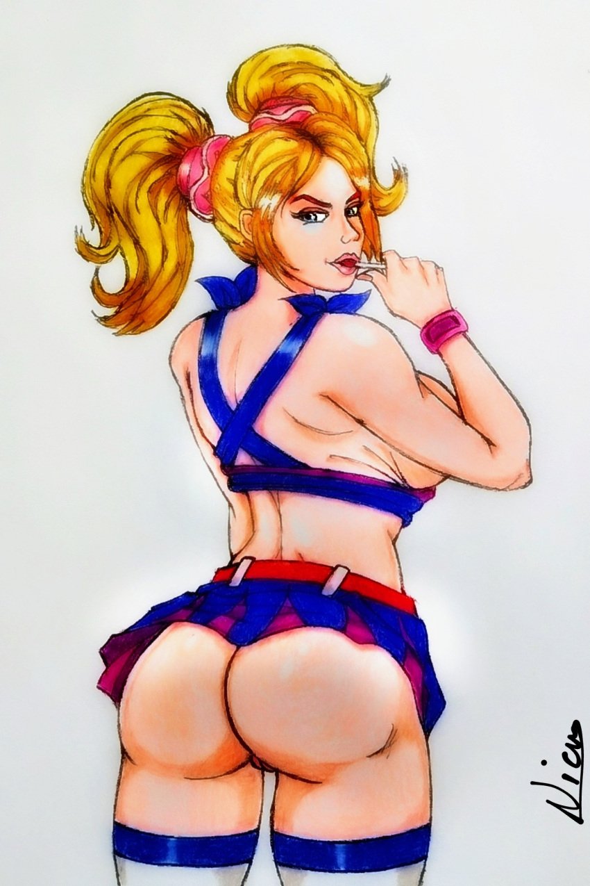 1girls ass big_ass big_breasts blonde_female blonde_hair breasts bronxboy79 juliet_starling lollipop_chainsaw looking_back pink_lipstick pussy skirt solo solo_female twintails vagina