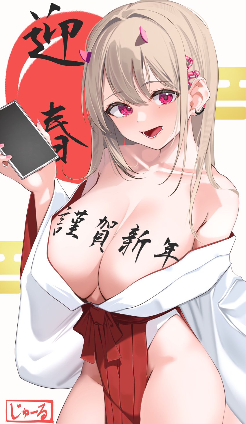 1girls absurd_res artist_name artist_request bare_shoulders big_breasts blonde_hair blush breasts cellphone cleavage eyebrows_visible_through_hair female_only goddess_of_victory:_nikke hair_intakes hair_ornament holding_phone japanese_text kimono kimono_open light-skinned_female light_skin looking_at_viewer mole mole_under_eye nails new_year open_mouth painted_nails purple_eyes smartphone snake_hair_ornament viper_(nikke) writing_on_body writing_on_breasts year_of_the_snake