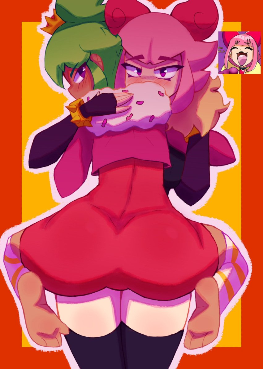 2girls ass_focus brawl_stars green_hair mandy_(brawl_stars) melodie_(brawl_stars) open_mouth pink_hair purple_eyes simple_background the_thunaz thighhighs woman_only