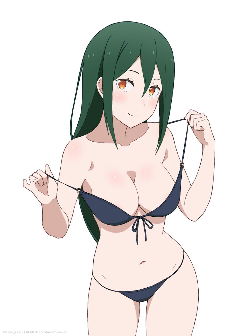 1girls bare_arms bare_belly bare_legs bare_shoulders bare_thighs belly_button big_breasts bikini black_bikini blush body_blush breasts brown_eyes cleavage closed_mouth collarbone coro_fae crusch_karsten front-tie_bikini_top green_hair long_hair navel re:zero_kara_hajimeru_isekai_seikatsu shiny_skin smile strap_pull thighs