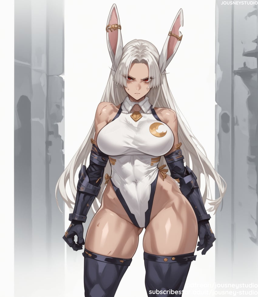 abs ai_generated animal_ears bangs bare_shoulders black_gloves black_legwear black_leotard black_thighhighs boku_no_hero_academia breasts bunny_ears bunny_girl closed_mouth clothing cosplay covered_navel cowboy_shot crescent_print dark-skinned_female dark_skin detached_sleeves earrings elbow_gloves female female female_only gauntlets gloves highleg highleg_leotard jewelry jousneystudio large_breasts legwear leotard long_eyelashes long_hair looking_at_viewer mirko miruko muscular_female my_hero_academia navel parted_bangs red_eyes rumi_usagiyama skindentation sleeveless_turtleneck_leotard solo standing sweatdrop thick_thighs thighhighs thighs turtleneck_leotard usagiyama_rumi very_long_hair white_hair white_leotard