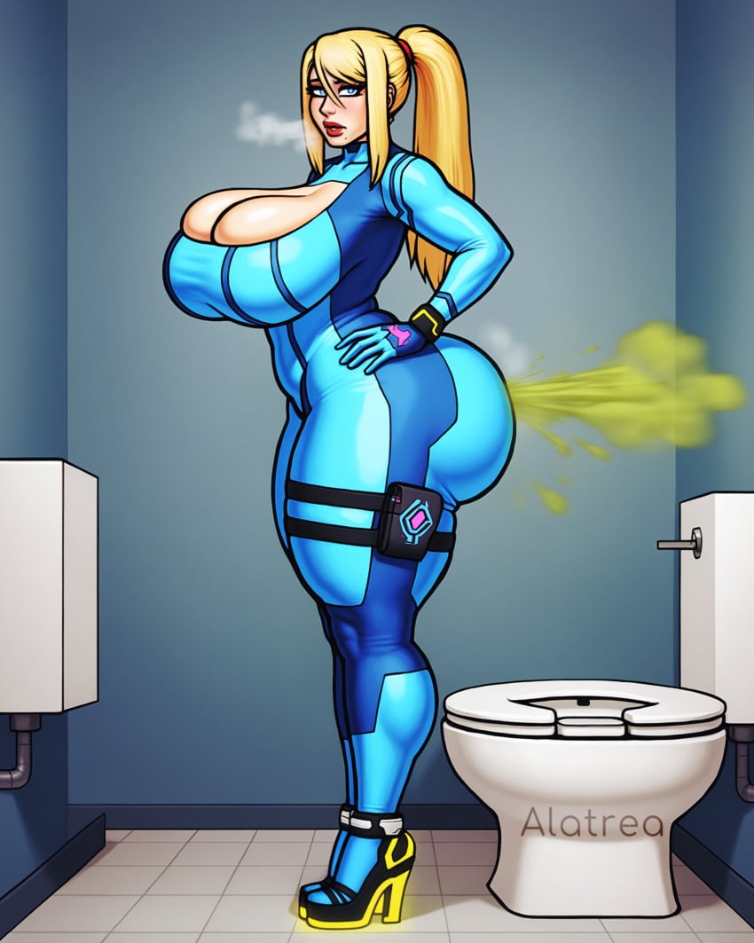 ai_generated blonde_hair blue_eyes bodysuit bottom_heavy cleavage_overflow curvaceous curvy fart fart_cloud fart_fetish farting hourglass_figure huge_ass huge_thighs large_breasts ponytail samus_aran thick_ass thick_legs thick_thighs toilet visible_breath voluptuous zero_suit_samus