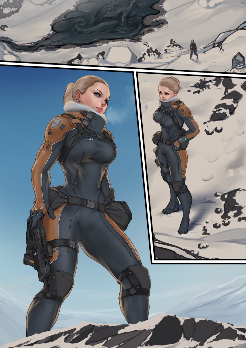 attractive big_breasts blonde_female hunter ponytail science_fiction snow standing weapon zerogravitas