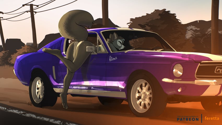 anthro ass bottomless canid canine car closed_eyes clothed clothing feretta ford ford_mustang fox fur genitals grey_body grey_fur hi_res mammal power_pole pussy raised_tail red_fox road roadside silver_fox solo tail through_window topwear topwear_only true_fox vehicle vixavil_hayden