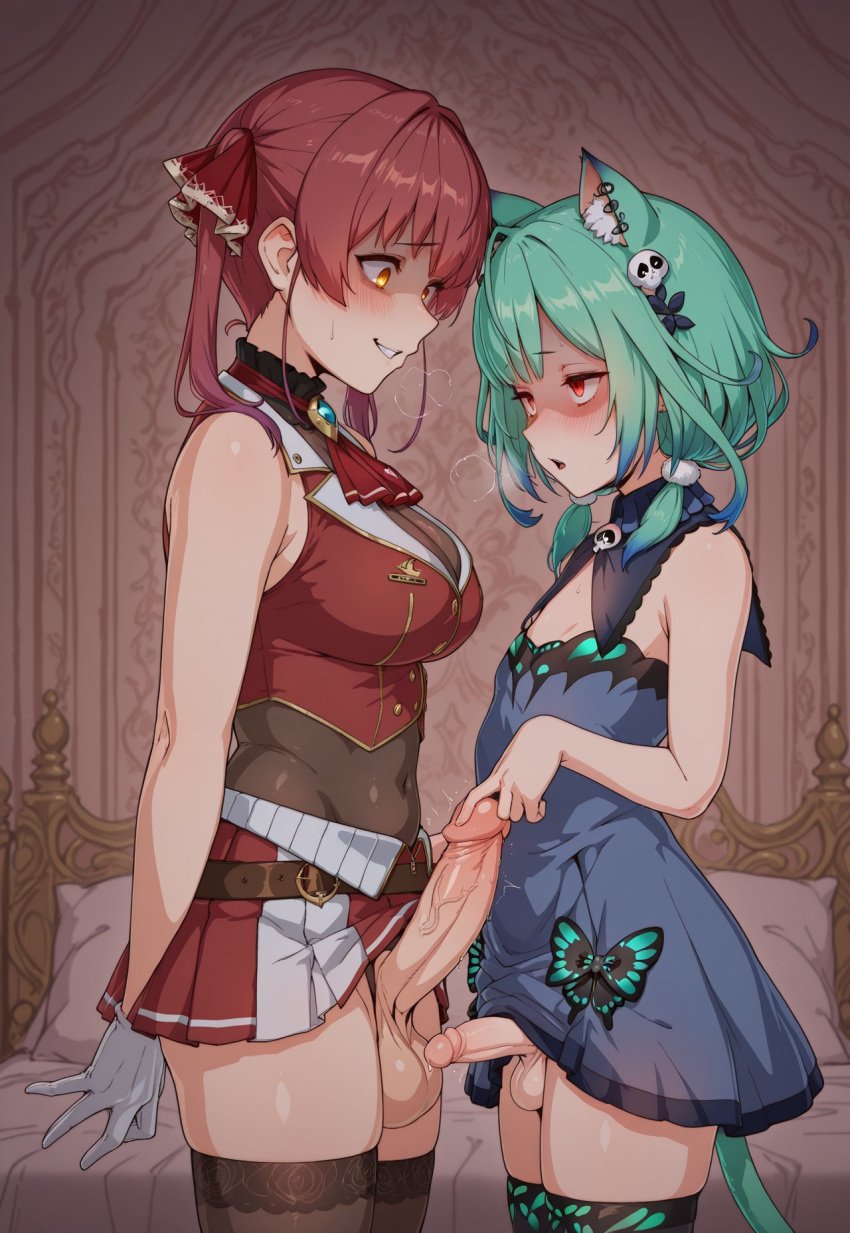 2futas ai_generated blush breasts_size_difference cat_ears cat_tail dress ear erection facing_each_other futanari glowing_eyes green_hair heavy_balls heavy_breathing hololive hololive_fantasy hololive_japan houshou_marine jouthechou large_testicles more_at_source penis penis_size_difference red_hair shadowed_eyes short_hair skirt small_testicles standing testicles throbbing_penis touching_penis uruha_rushia virtual_youtuber