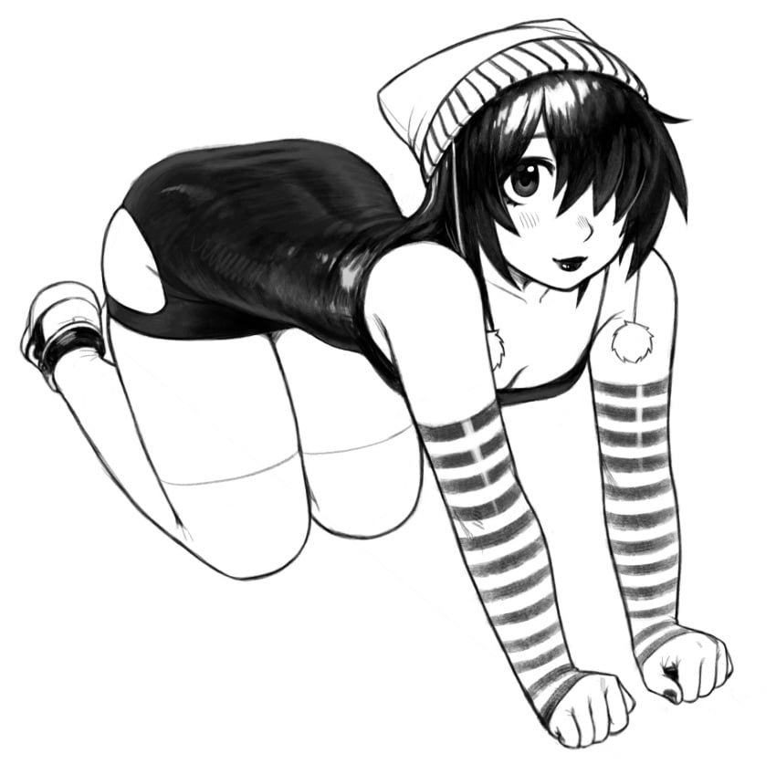 1girls 2024 beanie beanie_hat black_and_white black_lipstick black_nail_polish black_nails cleavage dress female female_focus female_only hair_over_one_eye on_all_fours original original_character pom_pom_(clothes) shoes sneakers solo solo_female solo_focus striped_armwear thighhighs