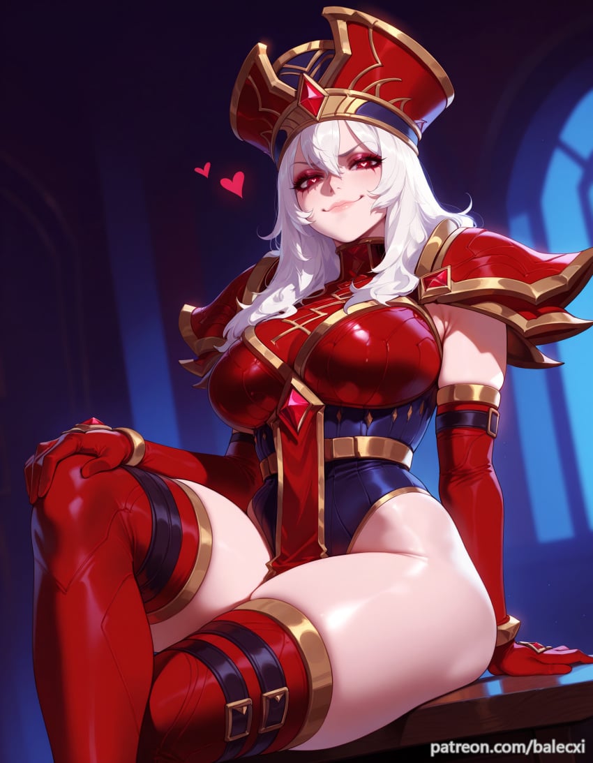 ai_generated balecxi elbow_gloves female hair_between_eyes hat heart heroes_of_the_storm large_breasts leotard long_hair looking_at_viewer patreon_username pauldrons red_eyes red_gloves red_headwear red_thighhighs sally_whitemane shoulder_armor sitting smile solo thighs white_hair world_of_warcraft