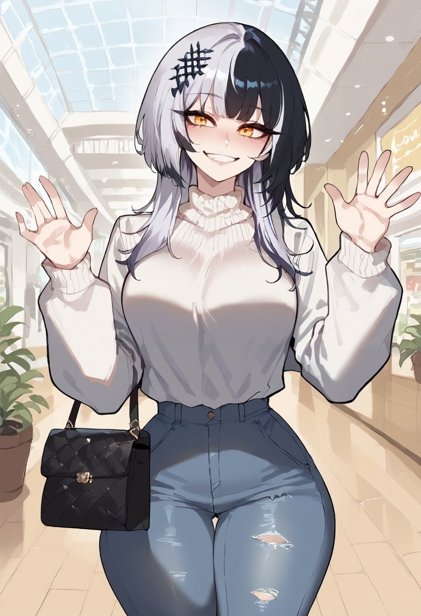 ai_generated black_hair female female_focus floppydisc hololive hololive_english hololive_english_-advent- hourglass_figure large_breasts light-skinned_female light_skin multicolored_hair shiori_novella tagme virtual_youtuber white_hair