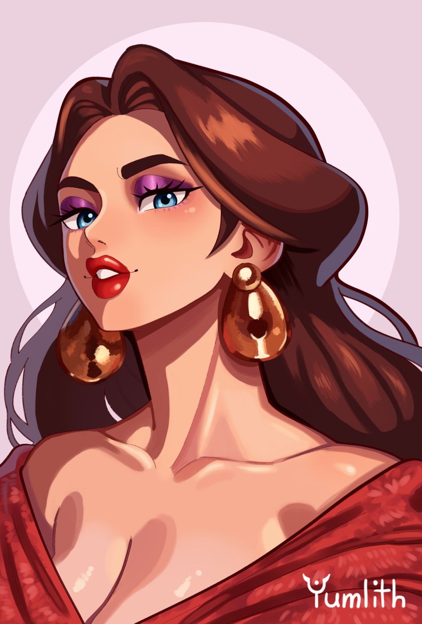 1girls blue_eyes brown_hair bust_portrait cleavage earrings eyeshadow female_only light-skinned_female lipstick makeup mario_(series) pauline portrait purple_eyeshadow red_lipstick signature solo solo_female yumlith