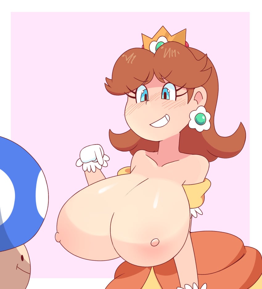 1boy 1girls blue_eyes breast_expansion breasts breasts_bigger_than_head clothing crown duo enormous_breasts exposed_breasts female huge_breasts human humanoid large_breasts light-skinned_female light_skin loveboxf male mario_(series) nintendo nipple princess princess_daisy royalty smile toad_(mario)