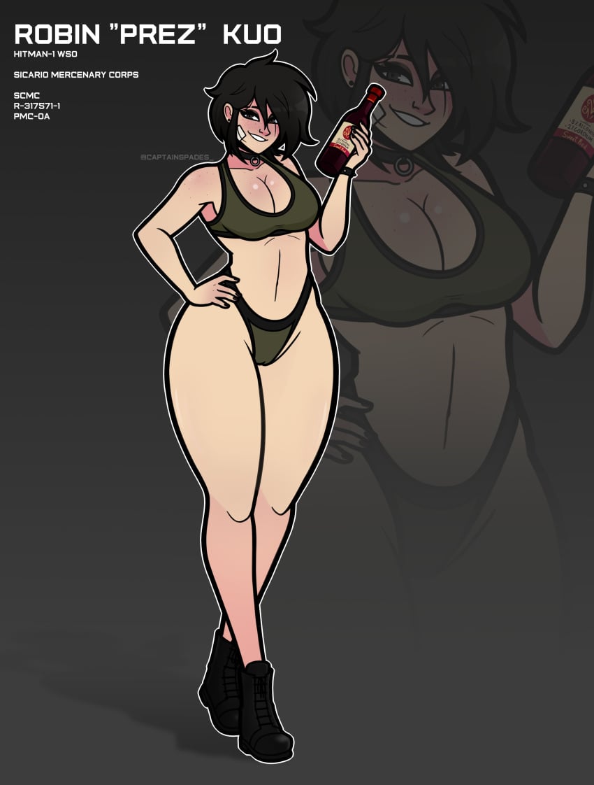 bandage_on_face black_hair black_shoes bra brown_eyes cameltoe captainspades choker eyeshadow freckles green_bra green_panties panties prez project_wingman robin_kuo shoes smiling wine