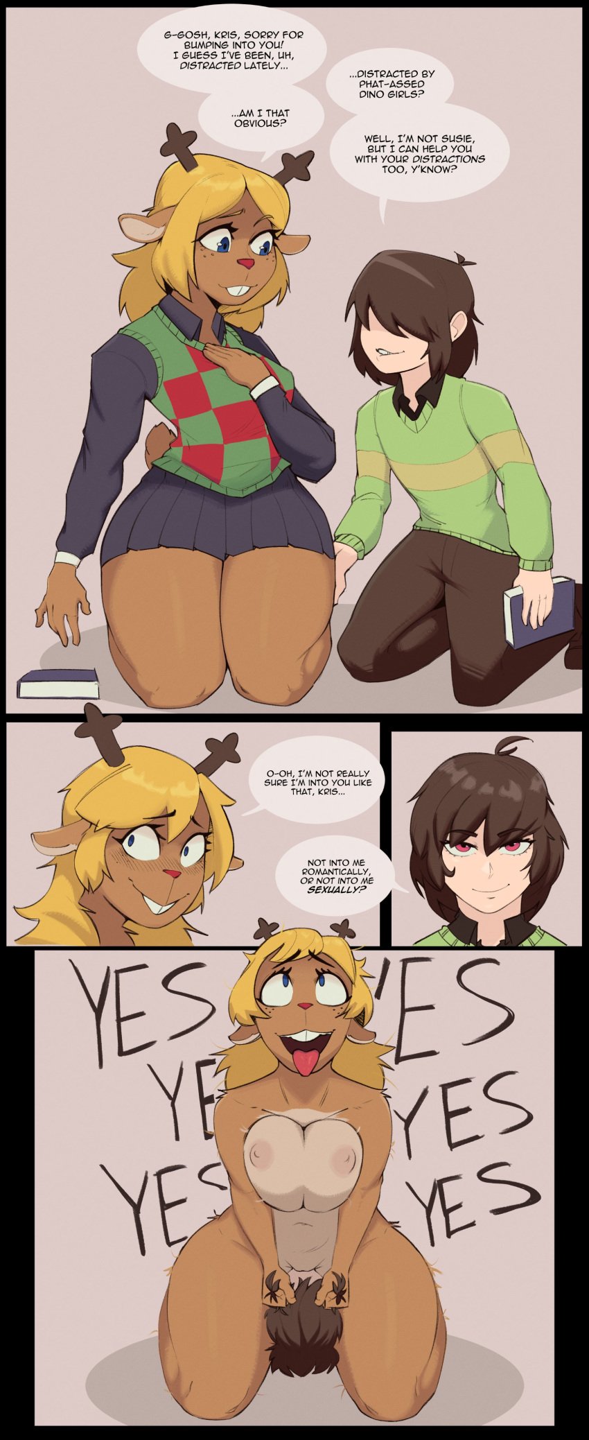 absurd_res anthro antlers big_breasts blonde_hair blue_eyes book bottomwear breasts brown_body brown_fur clothed clothing cunnilingus deer deltarune demidoggo dialogue dominant dominant_anthro dominant_female duo eye_roll face_fucking facesitting female female_anthro female_on_human freckled_face freckles fully_clothed fur hair hair_over_eyes hi_res horn human human_on_anthro interspecies irrumatio kris_(deltarune) long_sleeves looking_pleasured male male/female male_human male_on_anthro mammal new_world_deer noelle_holiday nude oral pants penile pulling_hair red_eyes red_nose reindeer sex sitting_on_another skirt small_antlers smile speech_bubble tongue tongue_out topwear touching_hair undertale_(series) vaginal_penetration vest