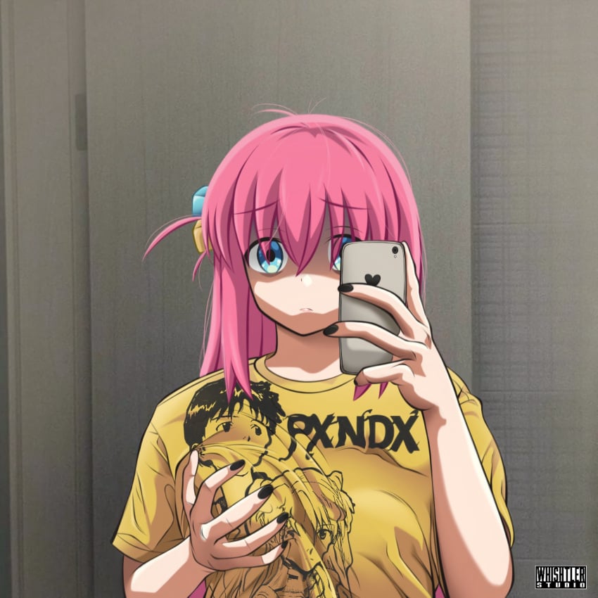 1girls 2024 black_nails bocchi_the_rock! clothed female gotou_hitori grabbing_own_breast long_hair long_hair_female mirror_selfie phone pink_hair pink_hair_female selfie solo t-shirt touching_own_breast whishtler_comics