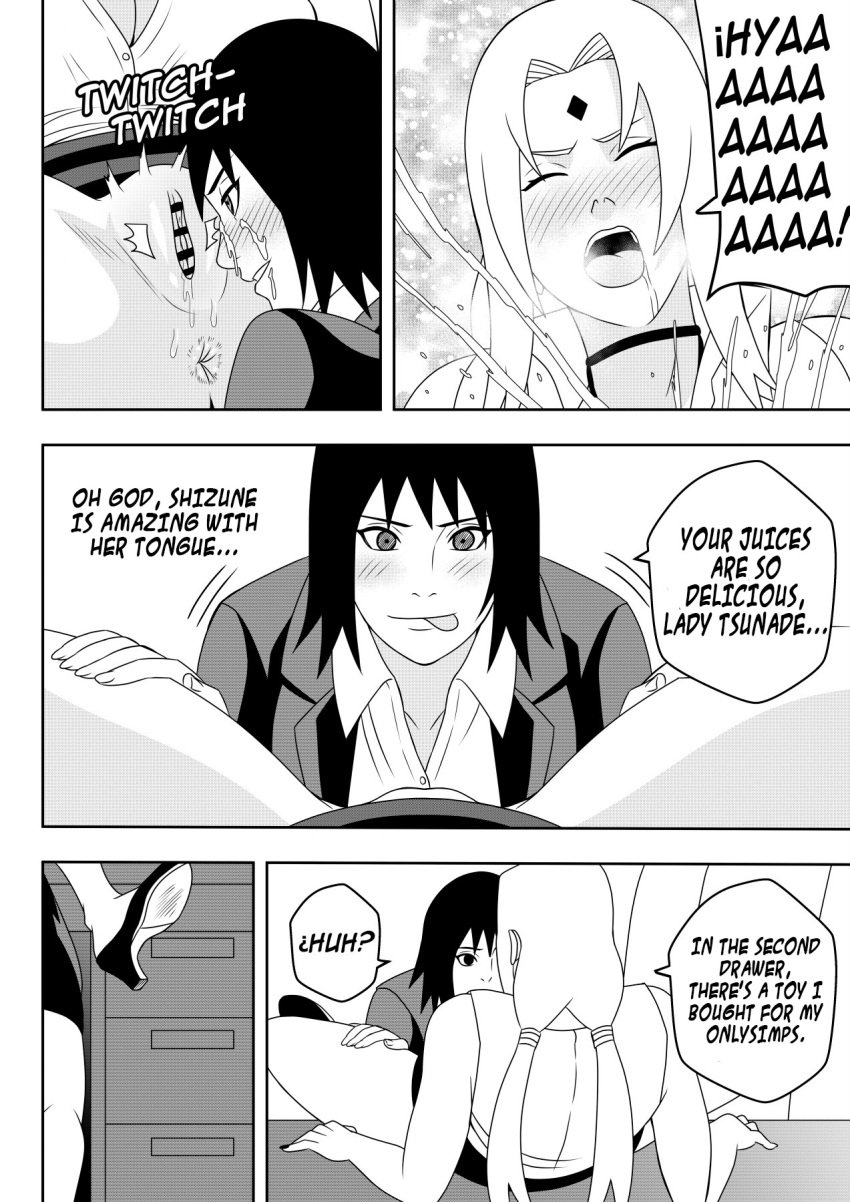 2girls after_cunnilingus after_oral age_difference big_breasts boss_and_employee breasts climax comic dialogue dripping dripping_pussy english_text female female_only formal formal_clothes huge_breasts indoors mature mature_female multiple_girls naruto naruto:_the_last naruto_(series) naruto_shippuden ninrubio office office_lady older_woman_and_younger_girl orgasm shizune sitting spread_legs squirting story teacher_and_student tsunade voluptuous yuri