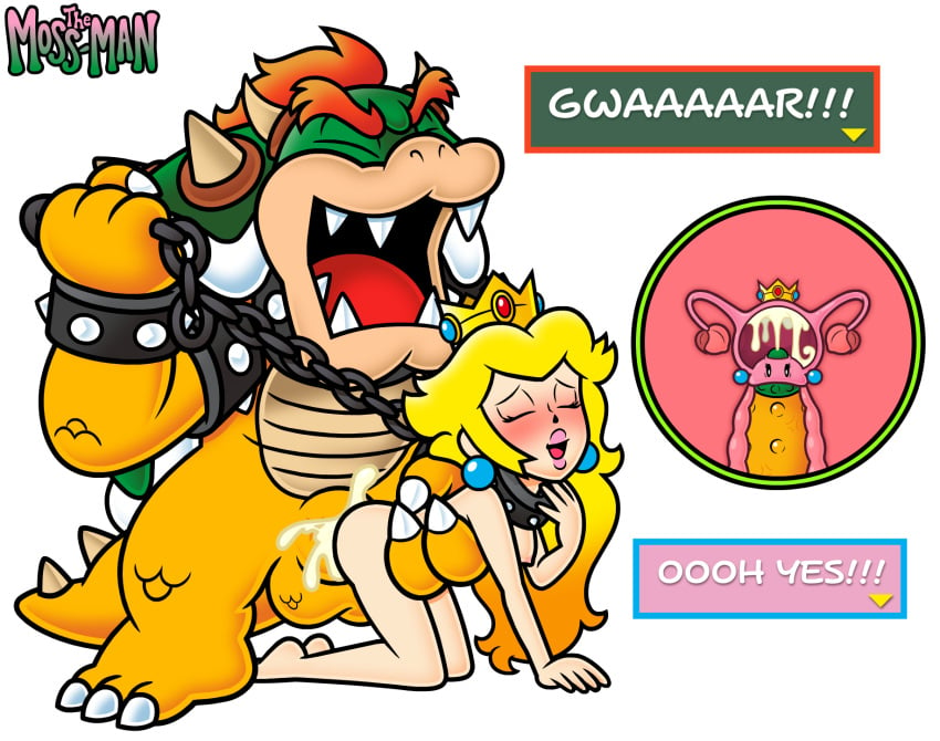 accurate_art_style blushing_female bowser chain_leash cum_in_pussy doggy_style dominant_male explosive_cum explosive_orgasm happy_female human_on_anthro making_love male/female mario_(series) naked_female penis_in_pussy princess_peach sex speech_bubbles spiked_collar submissive_female the_moss-man villain_on_heroine x-ray