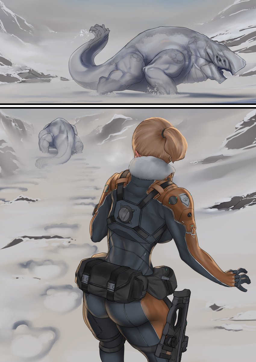 attractive back_view big_ass big_breasts blonde_female creature hunter reptile science_fiction weapon zerogravitas