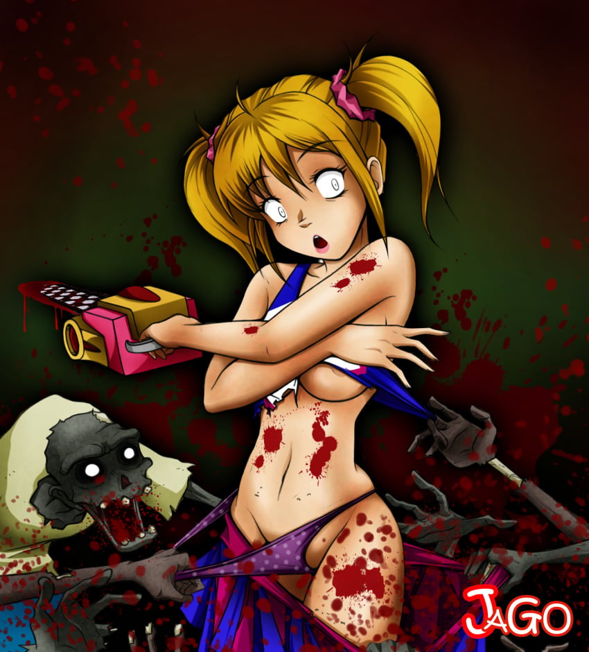 1girls blonde_female blonde_hair blood covering_breasts jago_dibuja juliet_starling lollipop_chainsaw panties panties_pull purple_panties ripping_clothing tearing_clothes torn_clothes torn_clothing twintails zombie