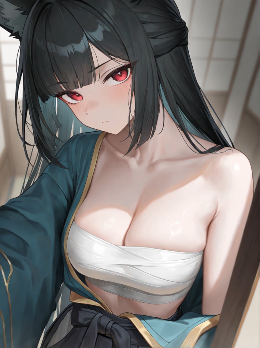 1girls ai_generated bandage blue_hair blush breasts collarbone expressionless fox_girl holding_breasts hoshimi_miyabi large_breasts light-skinned_female light_skin looking_at_viewer red_eyes sarashi solo zenless_zone_zero