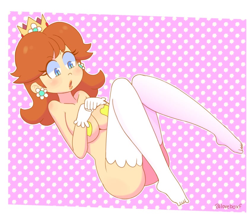 1girls almost_naked blue_eyes breasts brown_hair exposed_body female female_only heart-shaped_pasties human light-skinned_female light_skin loveboxf mario_(series) nintendo pasties princess princess_daisy royalty solo solo_female thighs