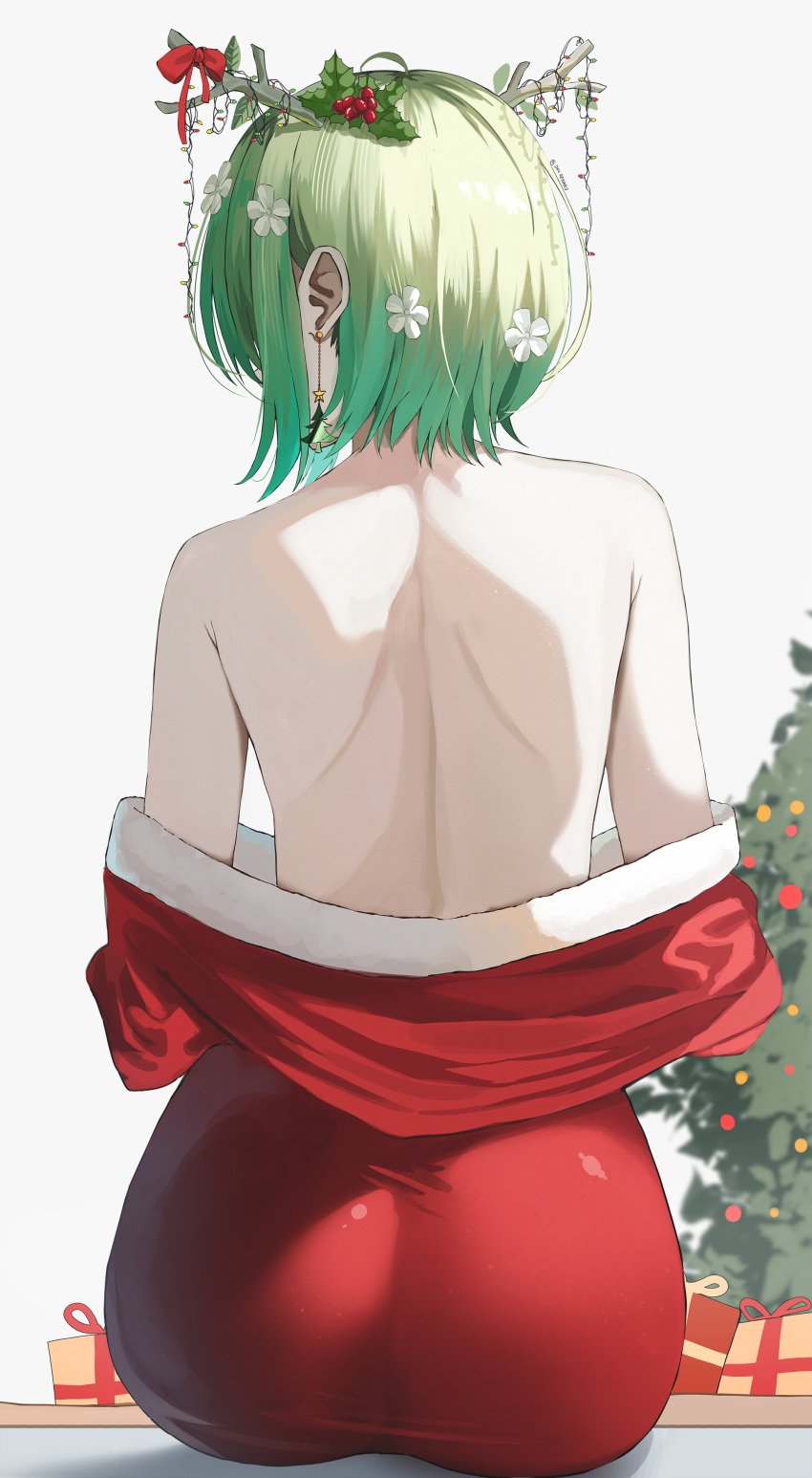 ass back_view ceres_fauna christmas christmas_outfit da_renard green_hair hidden_face hololive hololive_english hololive_english_-council- hololive_english_-promise- virtual_youtuber