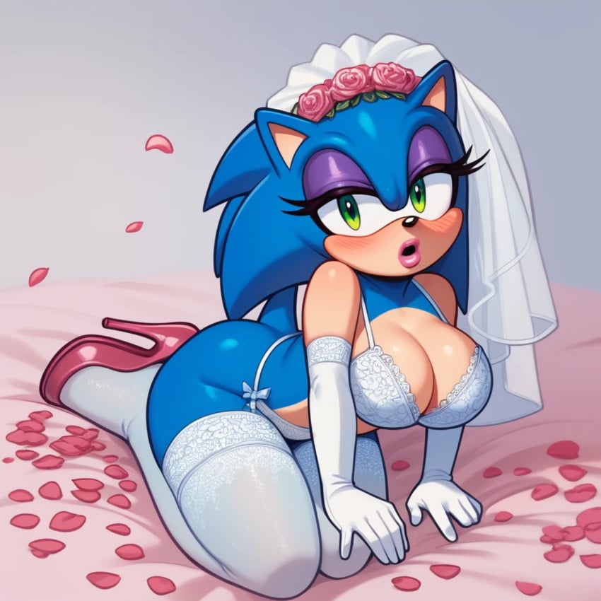 ai_generated bedroom bedroom_eyes eulipotyphlan high_heels horny_female huge_breasts mtf_crossgender mtf_transformation rose_petals rule_63 sonic_(series) sonic_the_hedgehog sonic_the_hedgehog_(series) sonique_the_hedgehog stockings wedding_lingerie wedding_veil