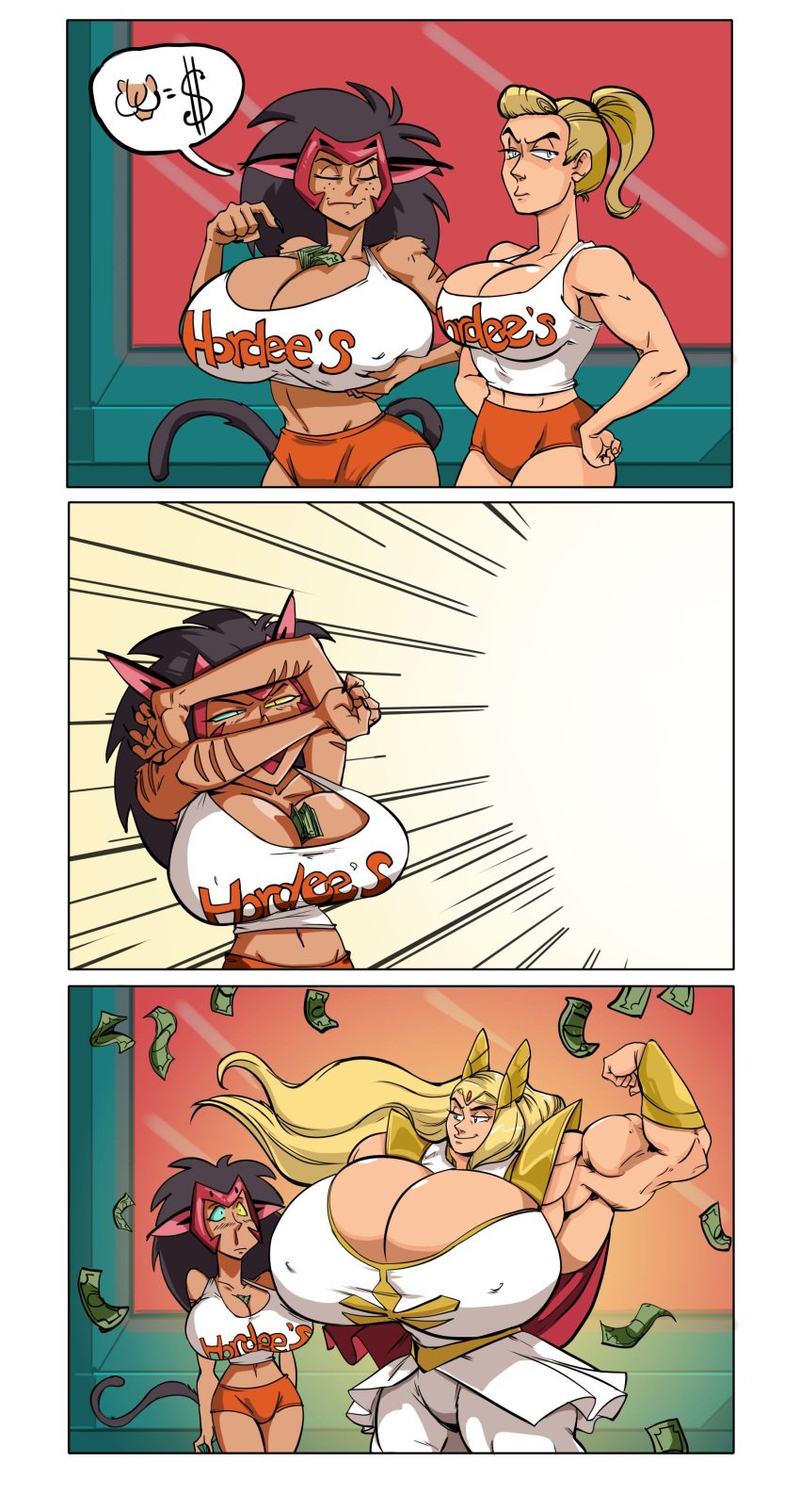 2girls adora breast_expansion breasts_bigger_than_head catra female female_only first-second hooters hooters_uniform hordee's huge_breasts large_breasts muscle_growth muscular_female she-ra_and_the_princesses_of_power tagme