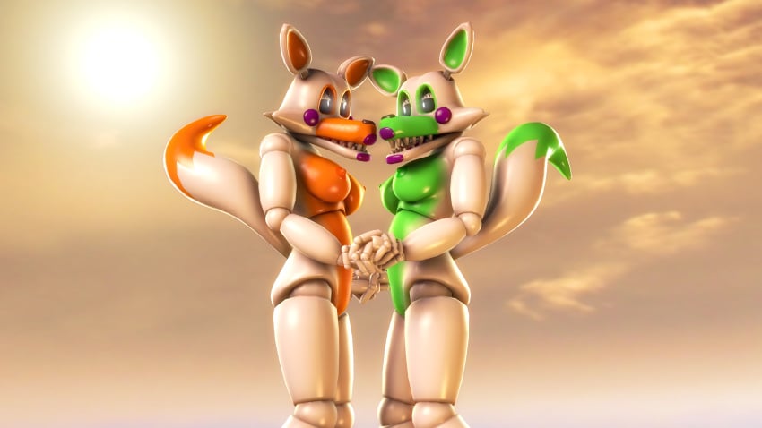 3d 4k animatronic black_eyes disboi215 five_nights_at_freddy&#039;s five_nights_at_freddy&#039;s_2 fox fox_ears fox_girl fox_tail glowing_eyes green_body green_nipples highres lipstick lolbit_(fnaf) looking_at_each_other mangle_(fnaf) naked naked_female orange_body orange_nipples purple_cheeks purple_lipstick robot rosy_cheeks sfm shiny_body shiny_skin source_filmmaker sun sunset tangle_(fnaf) white_body white_eyes