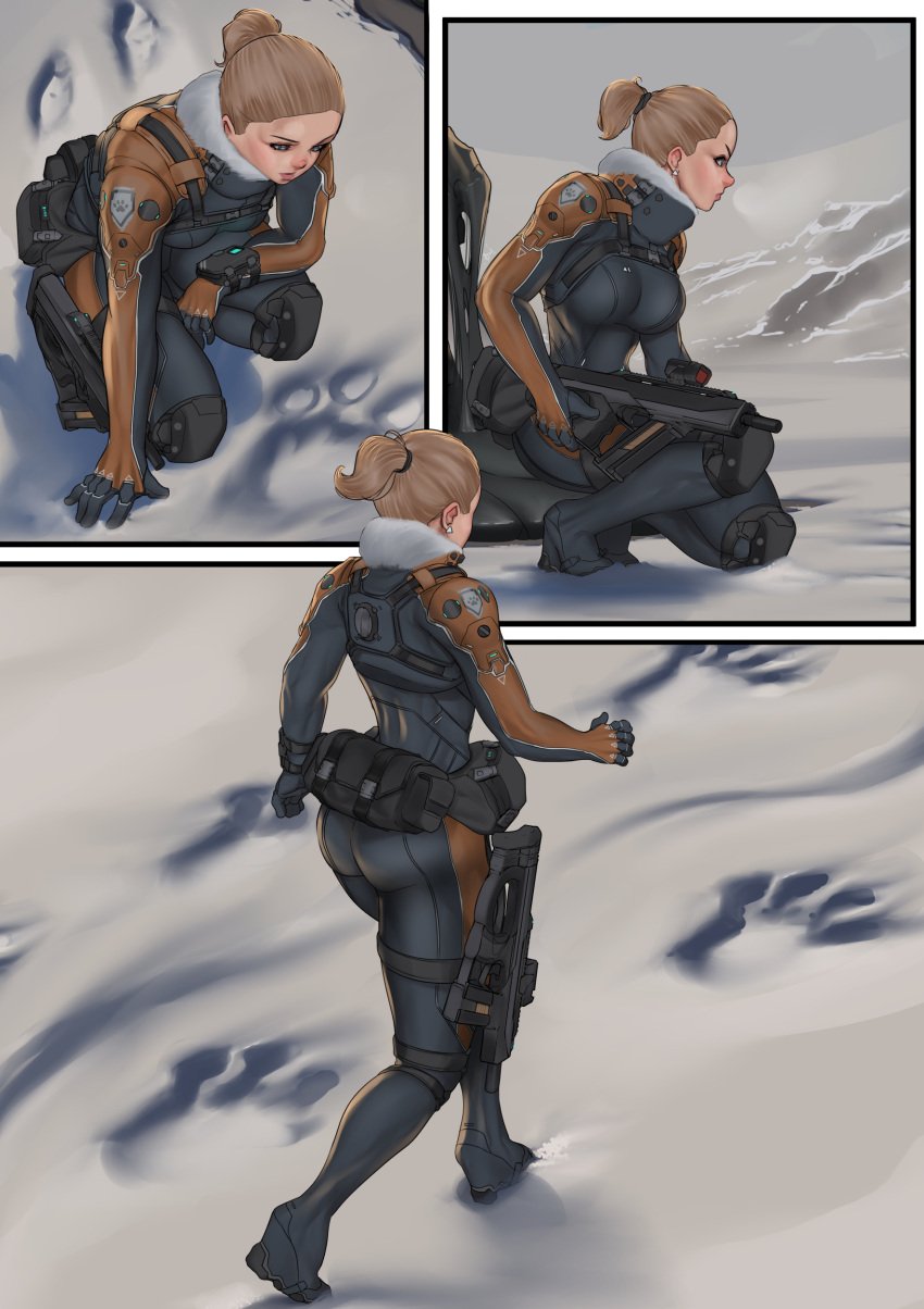 attractive back_view big_ass big_breasts blonde_female footsteps hunter kneeling science_fiction weapon zerogravitas