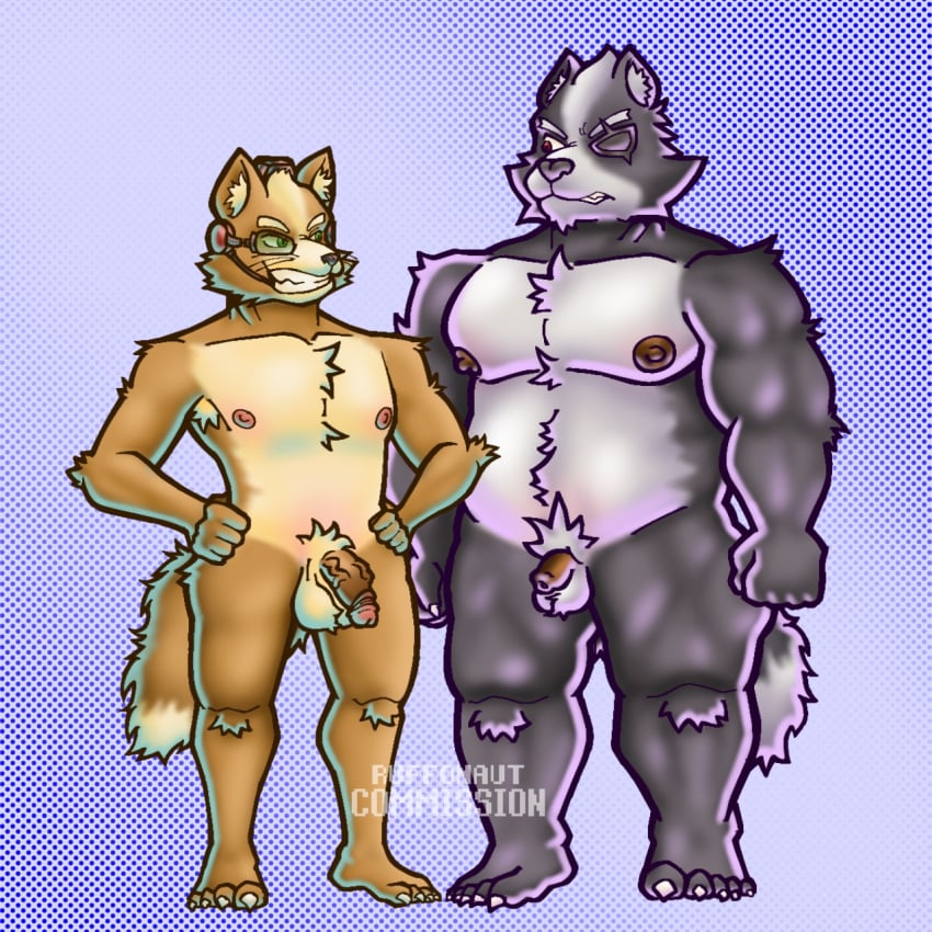 anthro areola armpit_hair ass balls belly big_belly body_hair canid canine canis chest_hair circumcised circumcision_scar digital_media_(artwork) duo eye_patch eyewear feet flaccid foreskin fox fox_mccloud fur genital_scar genitals grey_body happy_trail hi_res humanoid_genitalia humanoid_penis looking_at_another male mammal multicolored_body multicolored_fur muscular muscular_anthro muscular_male nintendo nipples nude overweight overweight_anthro overweight_male paws pecs penis pubes ruffonaut scar simple_background small_penis smile star_fox tail thick_thighs two_tone_body two_tone_fur vein veiny_penis white_body white_fur wolf wolf_o'donnell