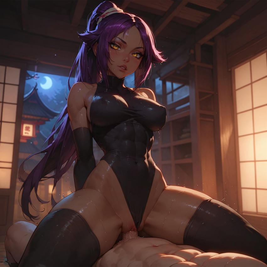 1girls ai_generated anime bleach cowgirl_position dark-skinned_female elbow_gloves human leotard long_hair muscular nsfw penis purple_hair pussy serlord sex shihouin_yoruichi stockings thighhighs uncensored vaginal_penetration wet yellow_eyes