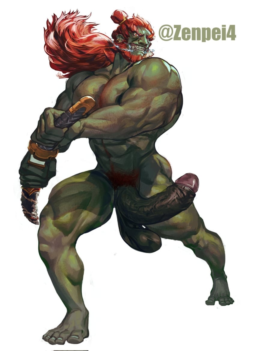 1boy abs artist_name bara beard clenched_teeth colored_skin commentary completely_nude ear_piercing english_commentary erection facial_hair ganondorf green_skin hair_bun highres holding holding_sheath holding_sword holding_weapon huge_cock large_pectorals long_hair male_focus male_pubic_hair muscular muscular_male nude pectorals penis piercing pubic_hair red_eyes red_hair sagging_testicles sheath simple_background solo sword teeth testicles the_legend_of_zelda the_legend_of_zelda:_tears_of_the_kingdom thighs unfinished unsheathing weapon white_background zenpei